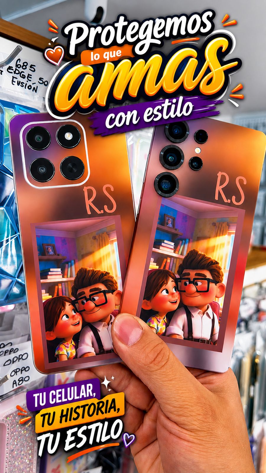 Dos cases personalizados con iniciales R.S y dibujo animado