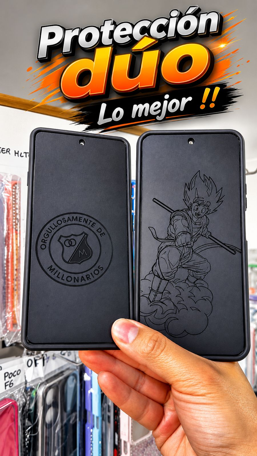 Protección dúo con grabado de Millonarios y Goku